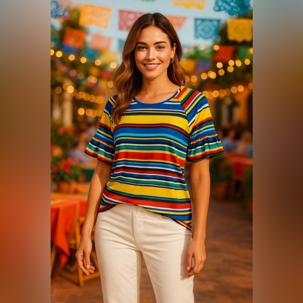 Vibrant Fiesta Stripe Ruffle Sleeve Top | Y2K Retro Knit Blouse GUC L #814